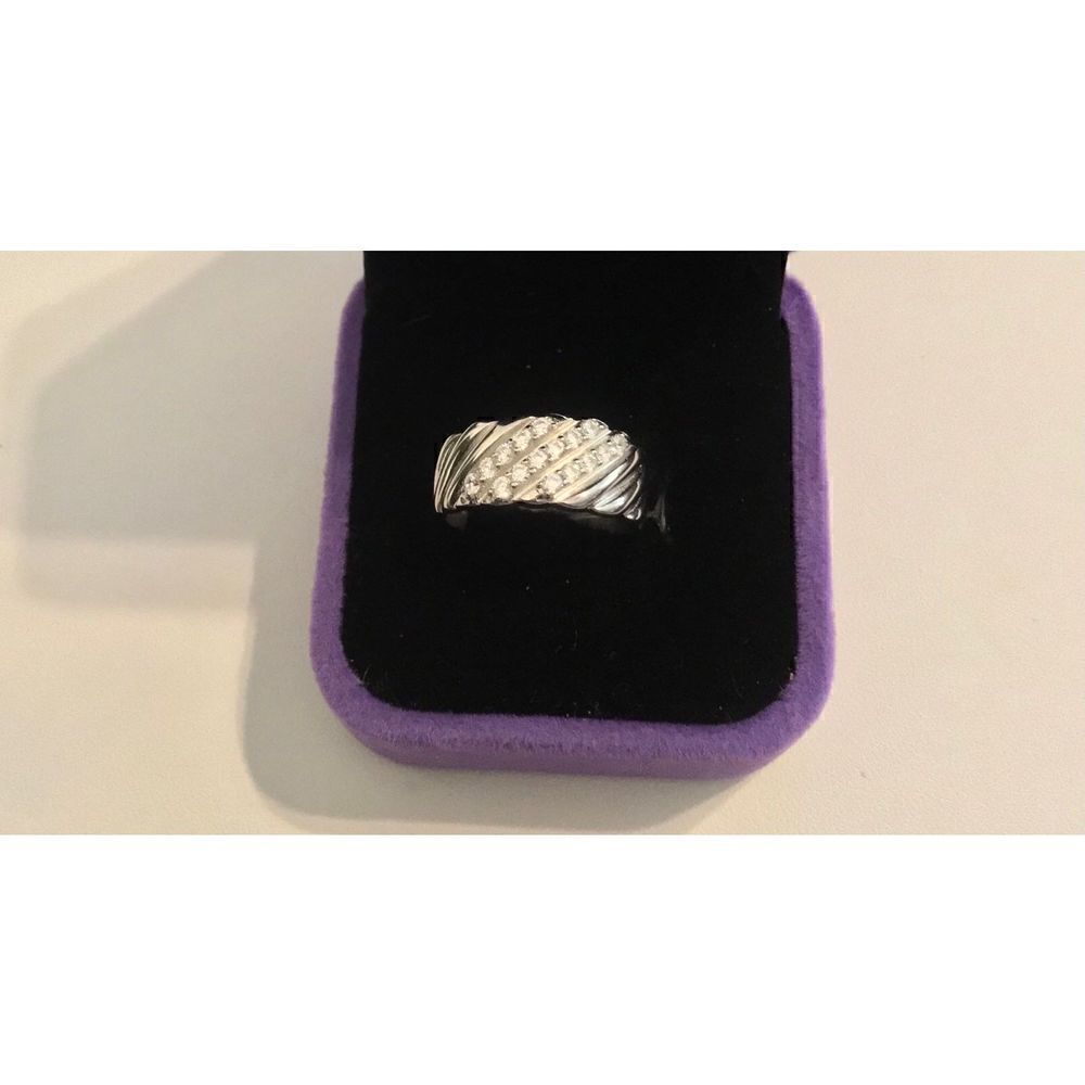 Pretty .925 Sterling Ridged Triple Diagonal Sim Diamond Band Ring Sz 9
